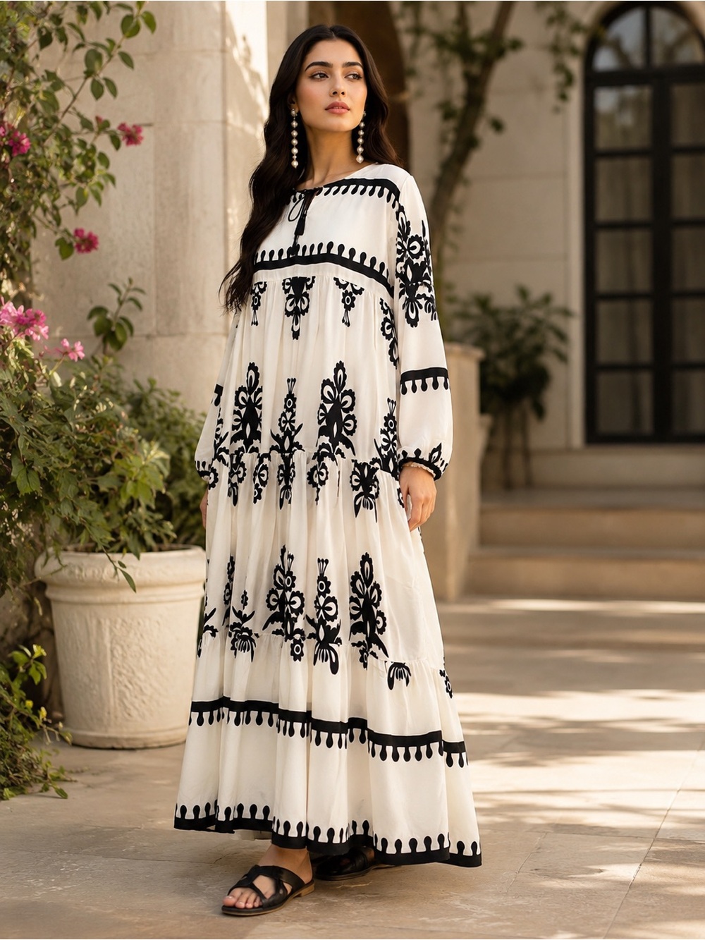 Black & Ivory Printed Viscose Maxi Dress | Boho Modest Tiered Dress | Soft Flowy